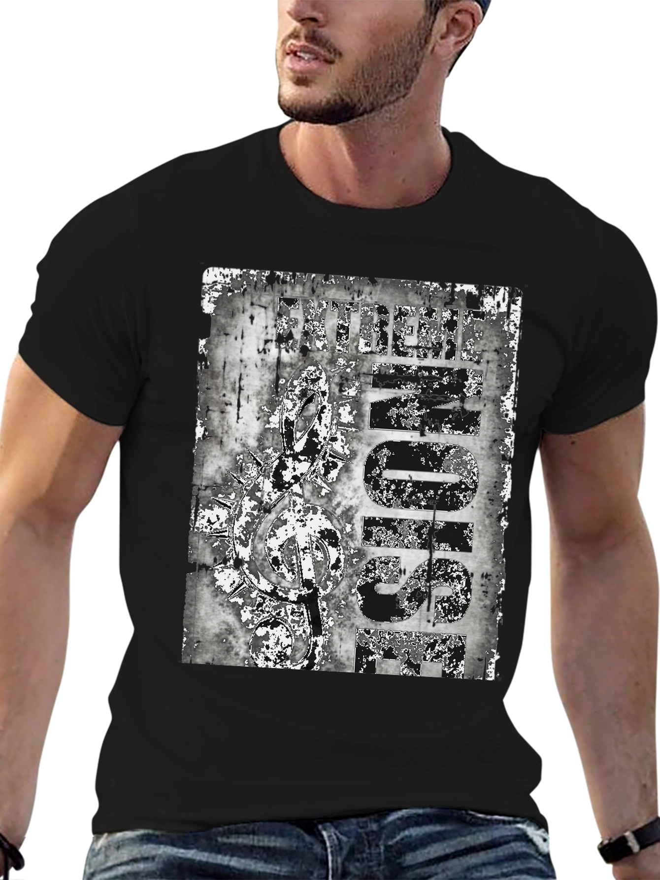 Edgy Black T-Shirt with Grunge Music Icon Design - 6