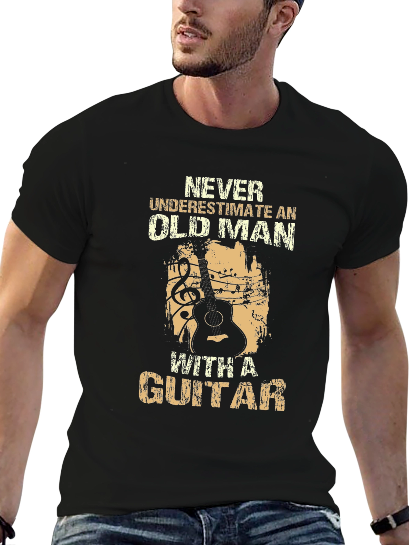 Black Never Underestimate Old Man Guitar T-Shirt view 6