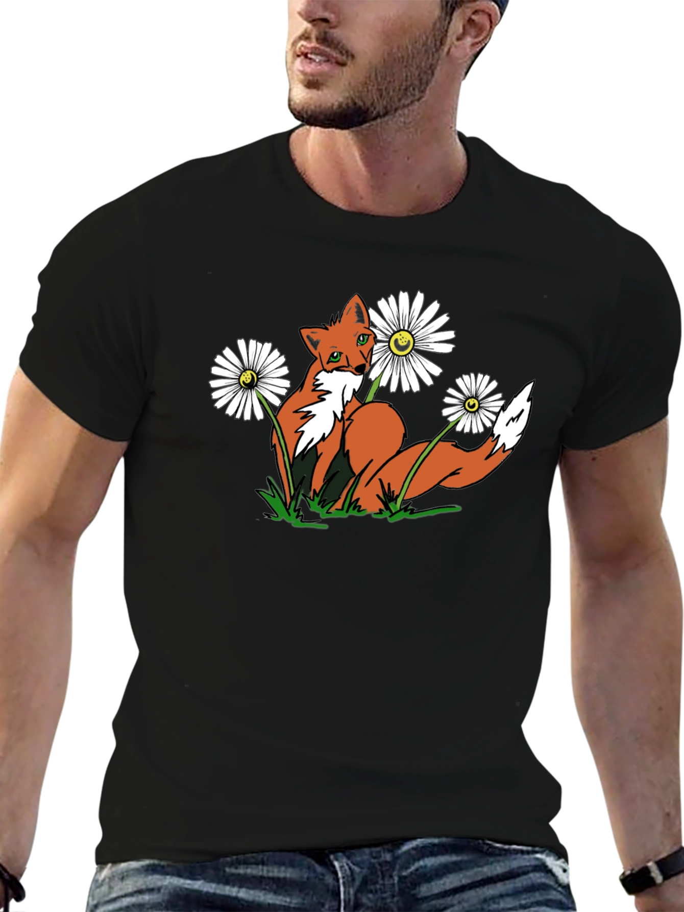 Black Fox and Flowers Graphic Tee -  Black T-Shirt view 6