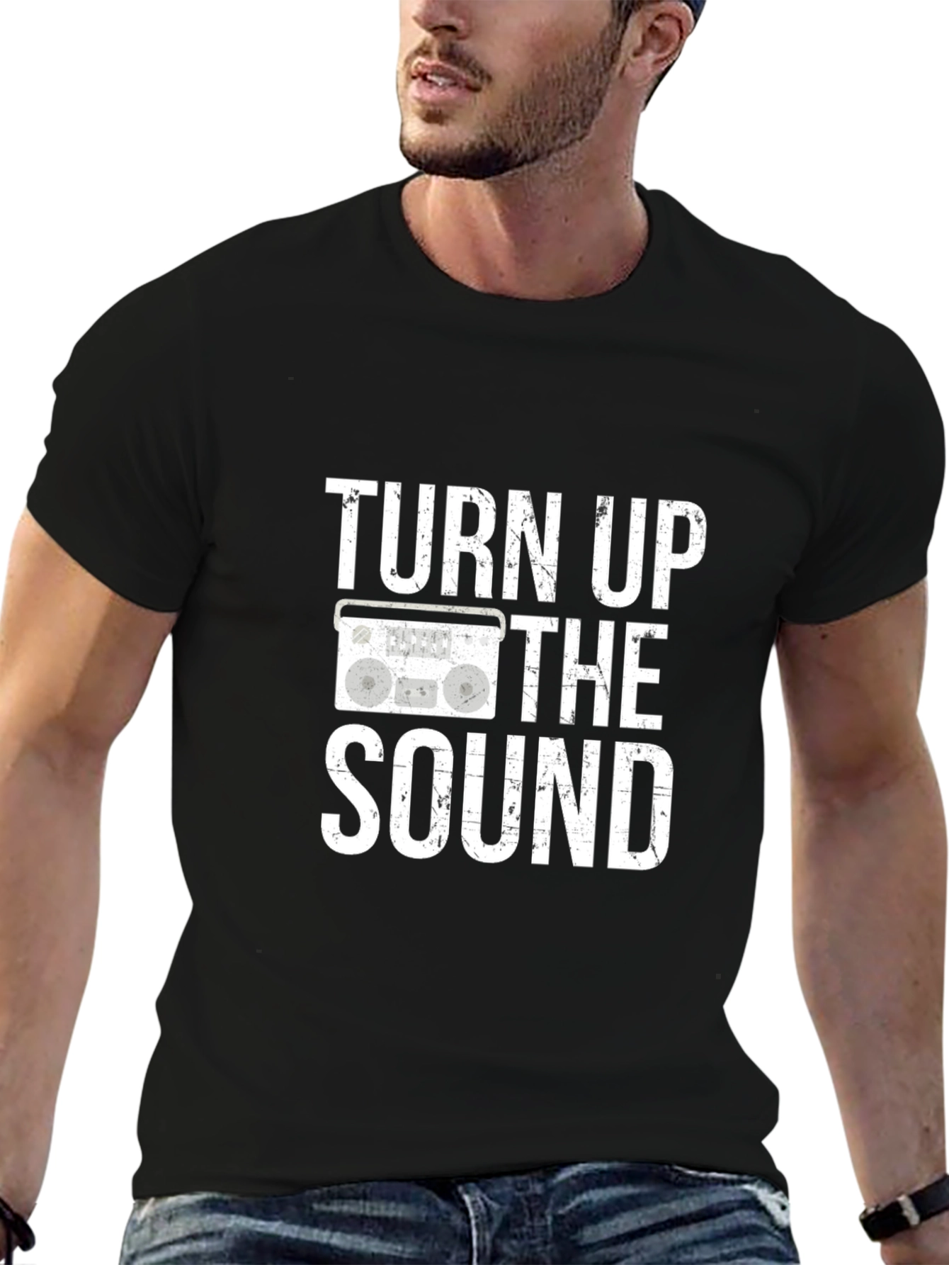 Black Turn Up the Sound Graphic Tee - Classic Boombox Design view 6