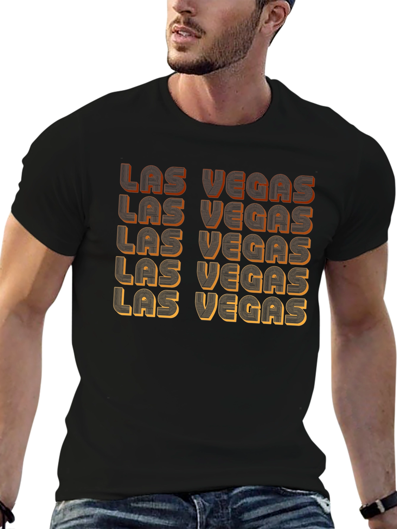Black Las Vegas Retro Text Black T-Shirt view 6