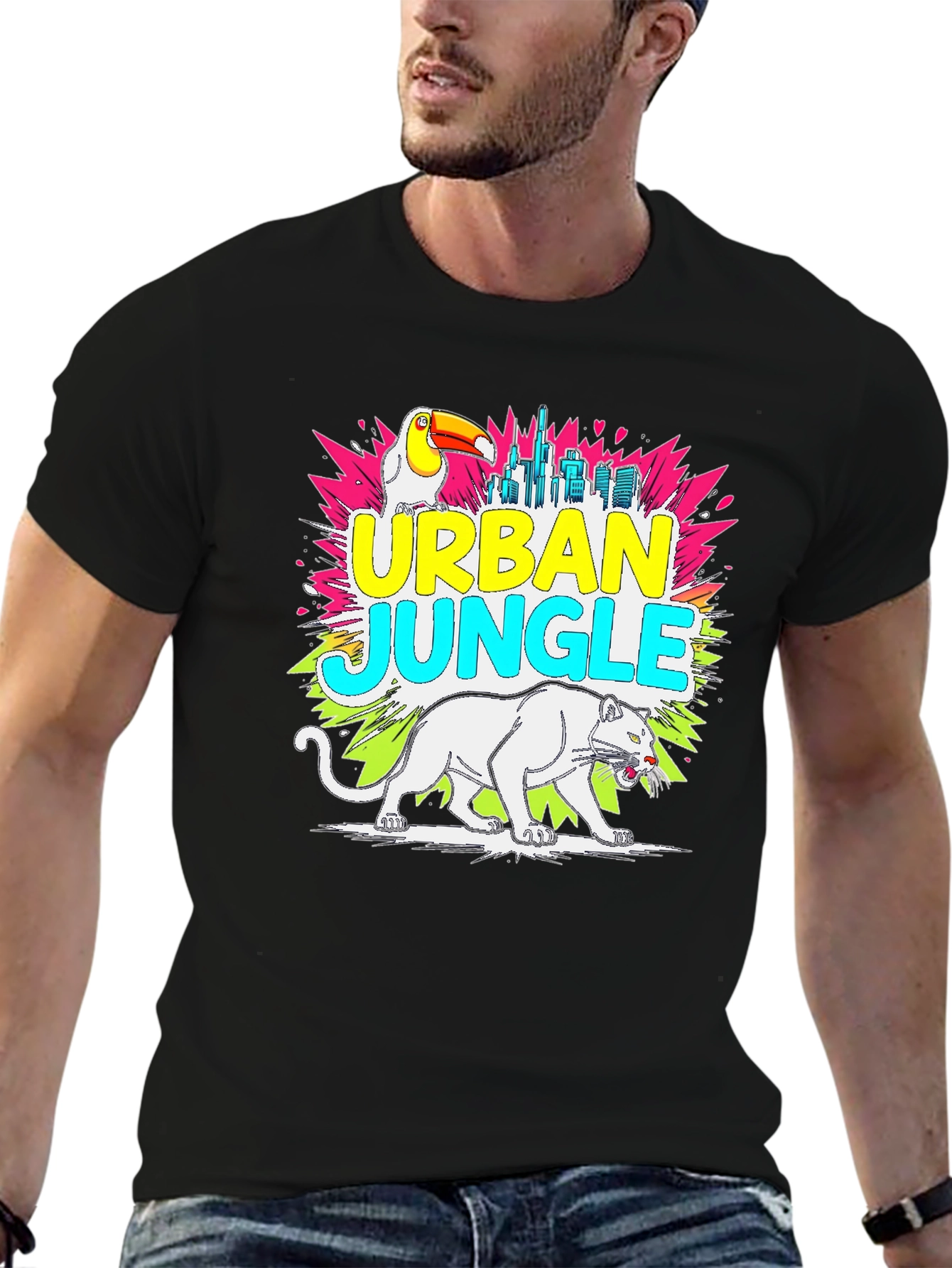 Black Urban Jungle Graphic Tee - Toucan, Panther, Cityscape view 6