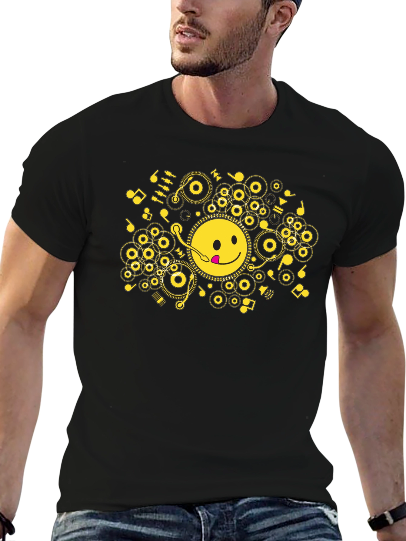 Black Smiley Face Music T-Shirt - Black Cotton Blend Tee view 6