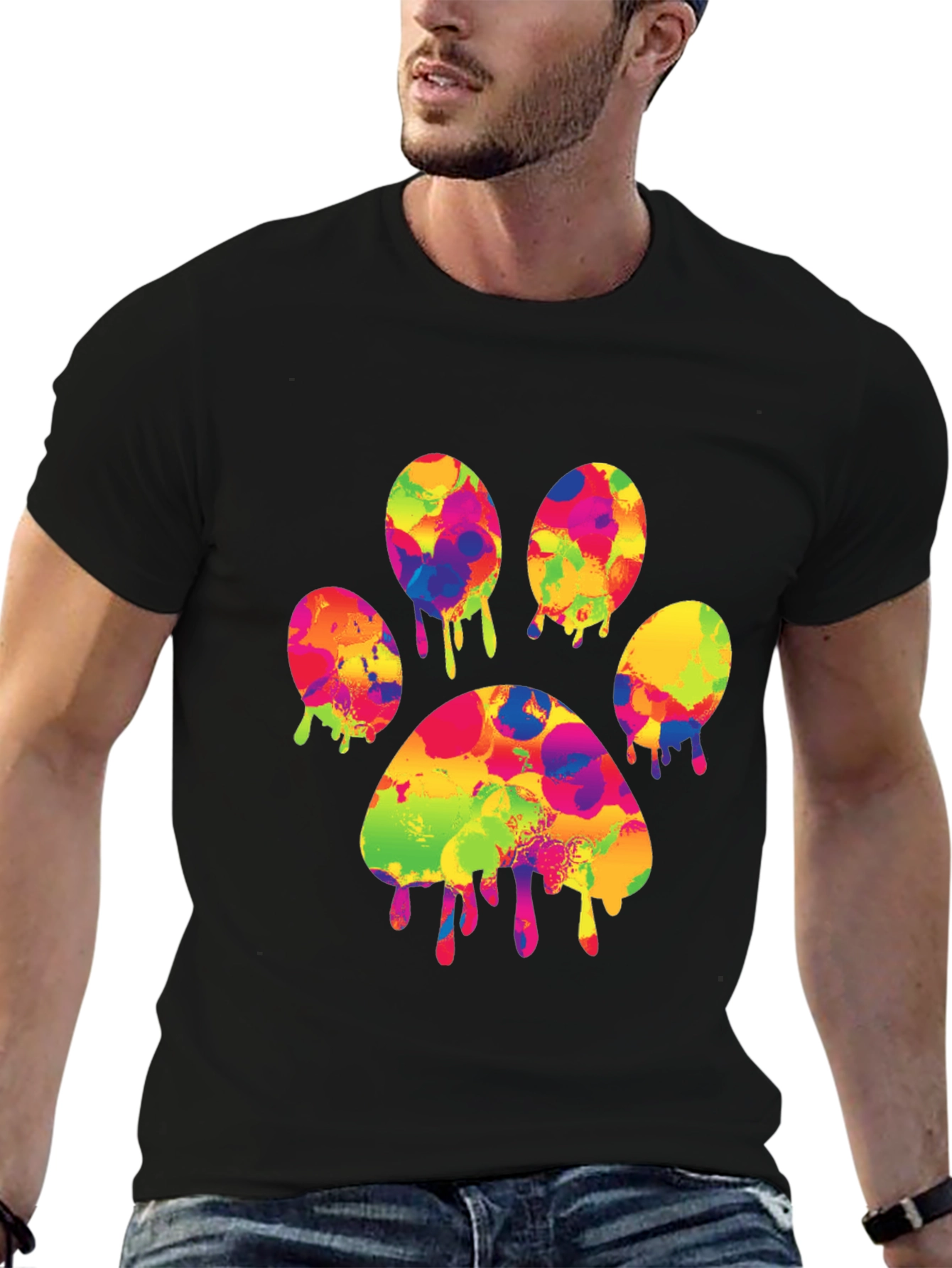 Black Colorful Paw Print T-Shirt - Abstract Dog Lover Tee view 6