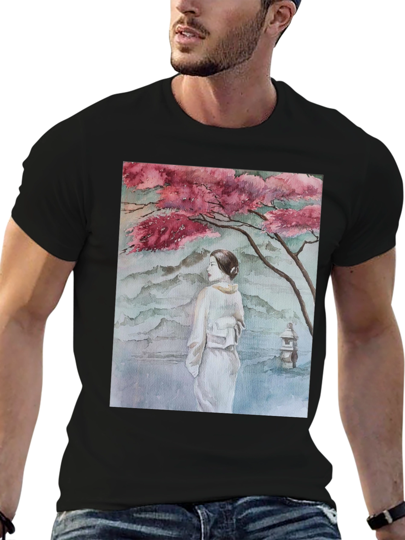 Black Watercolor Japanese Art Black T-Shirt view 6