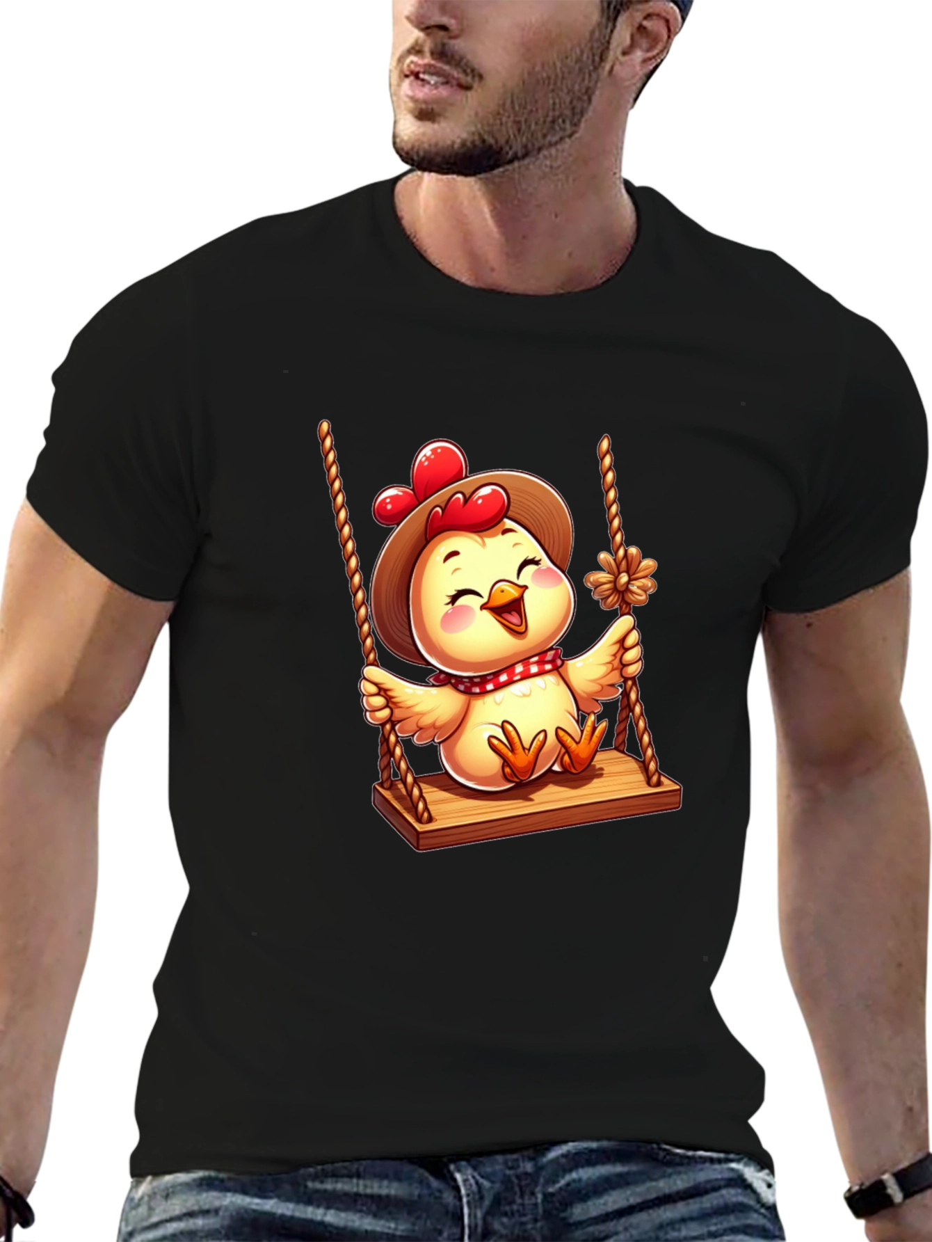 Black Cute Chicken on Swing Graphic Tee view 6