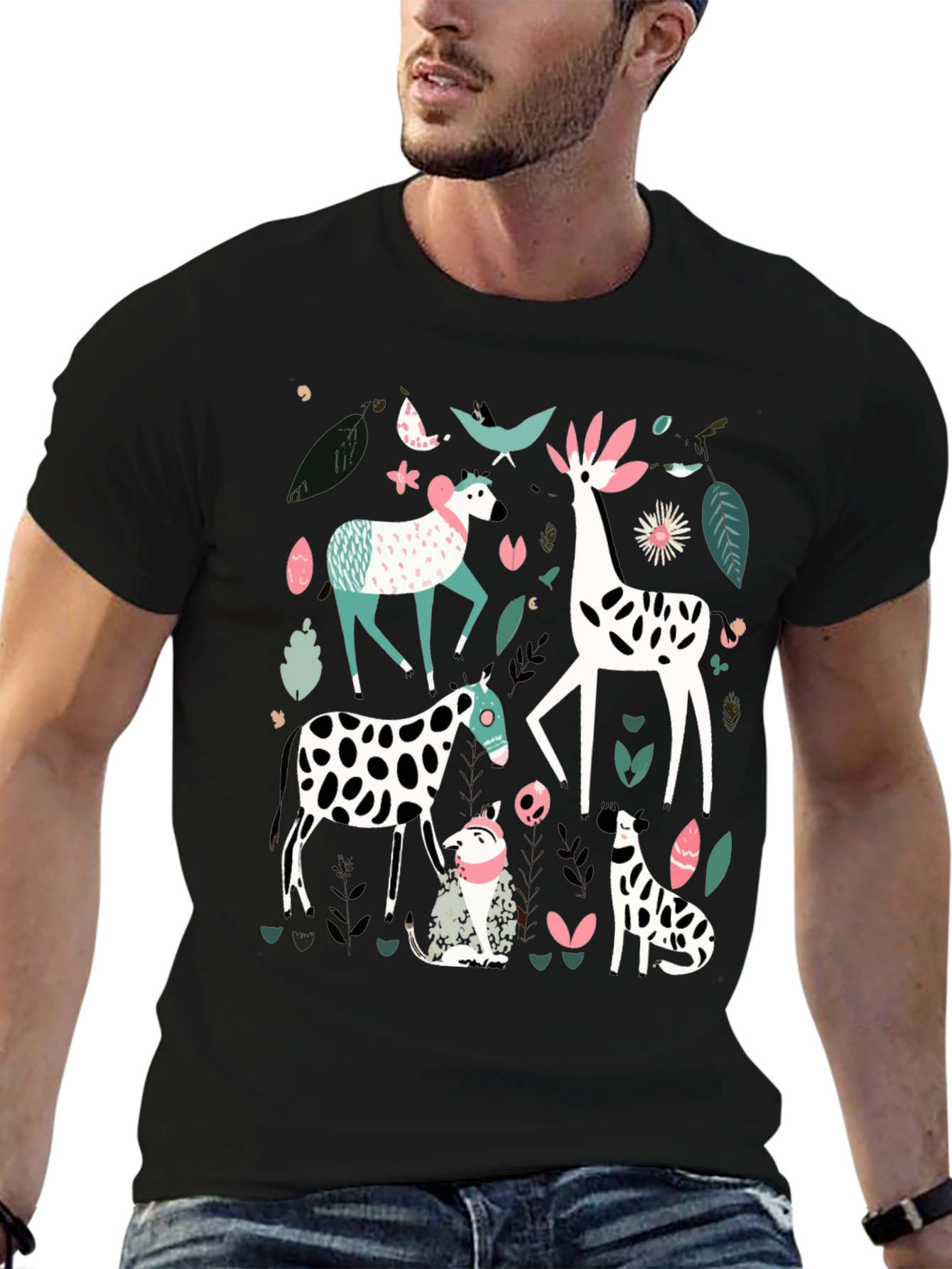 Black Whimsical Animal Print Tee - Unique Graphic Design view 6