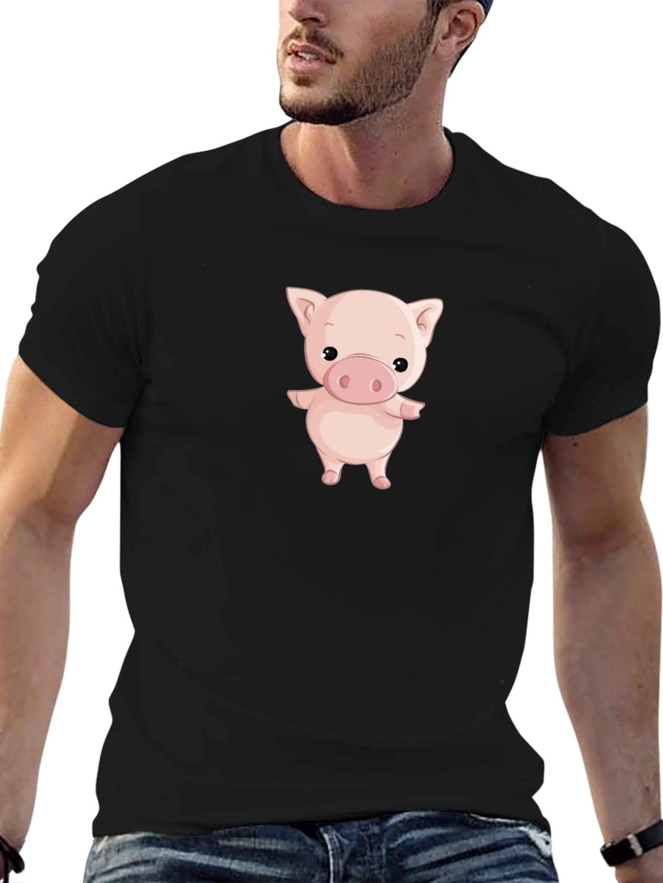 Black Cute Pig Graphic Print Black T-Shirt view 6