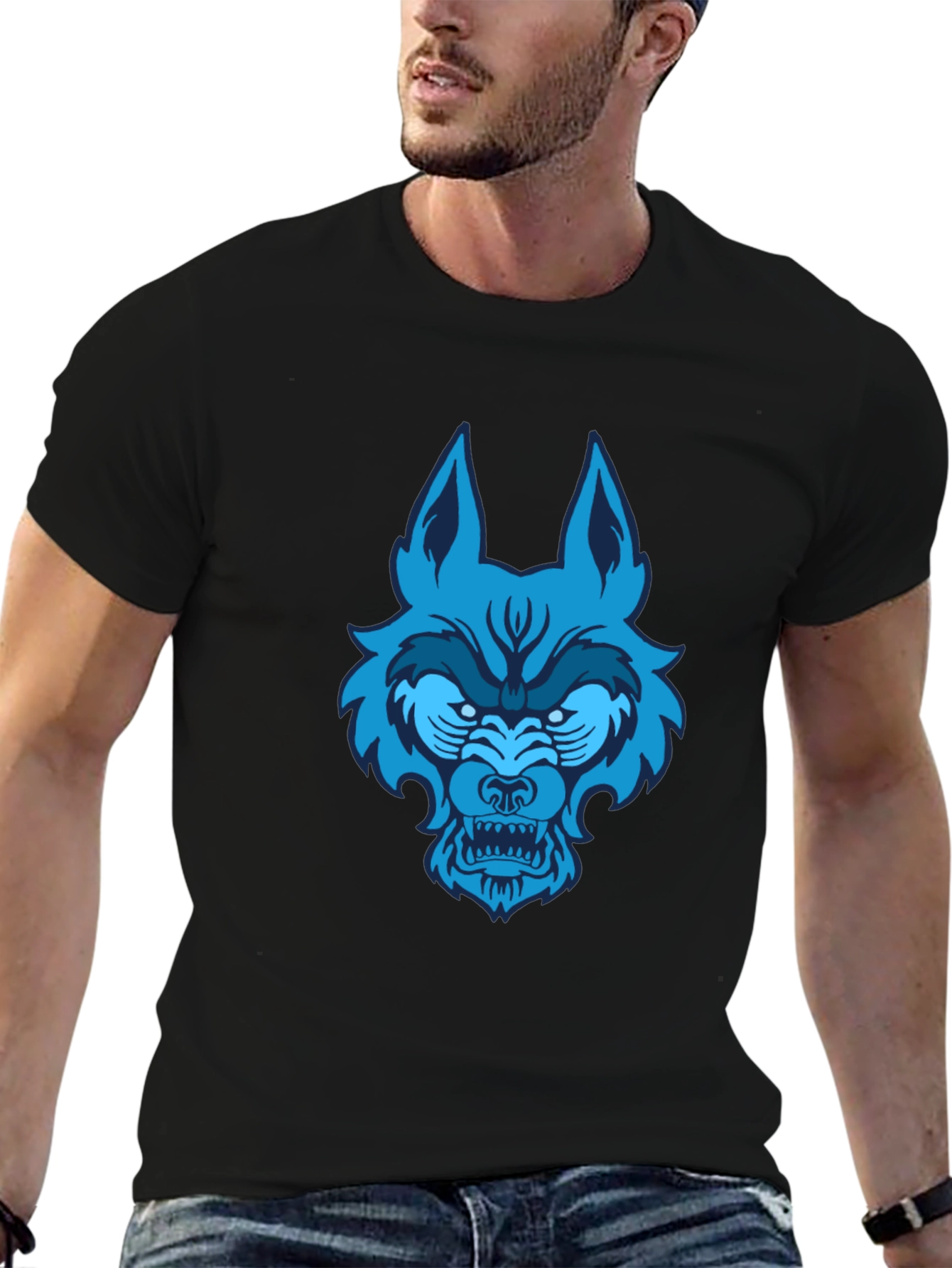 Black Blue Wolf Graphic Tee - Black Cotton T-Shirt view 6