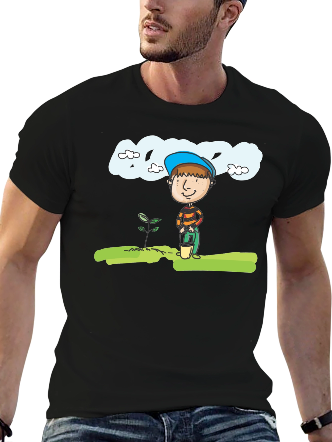 Black Planting Boy Graphic Tee - Black Cotton Shirt view 6