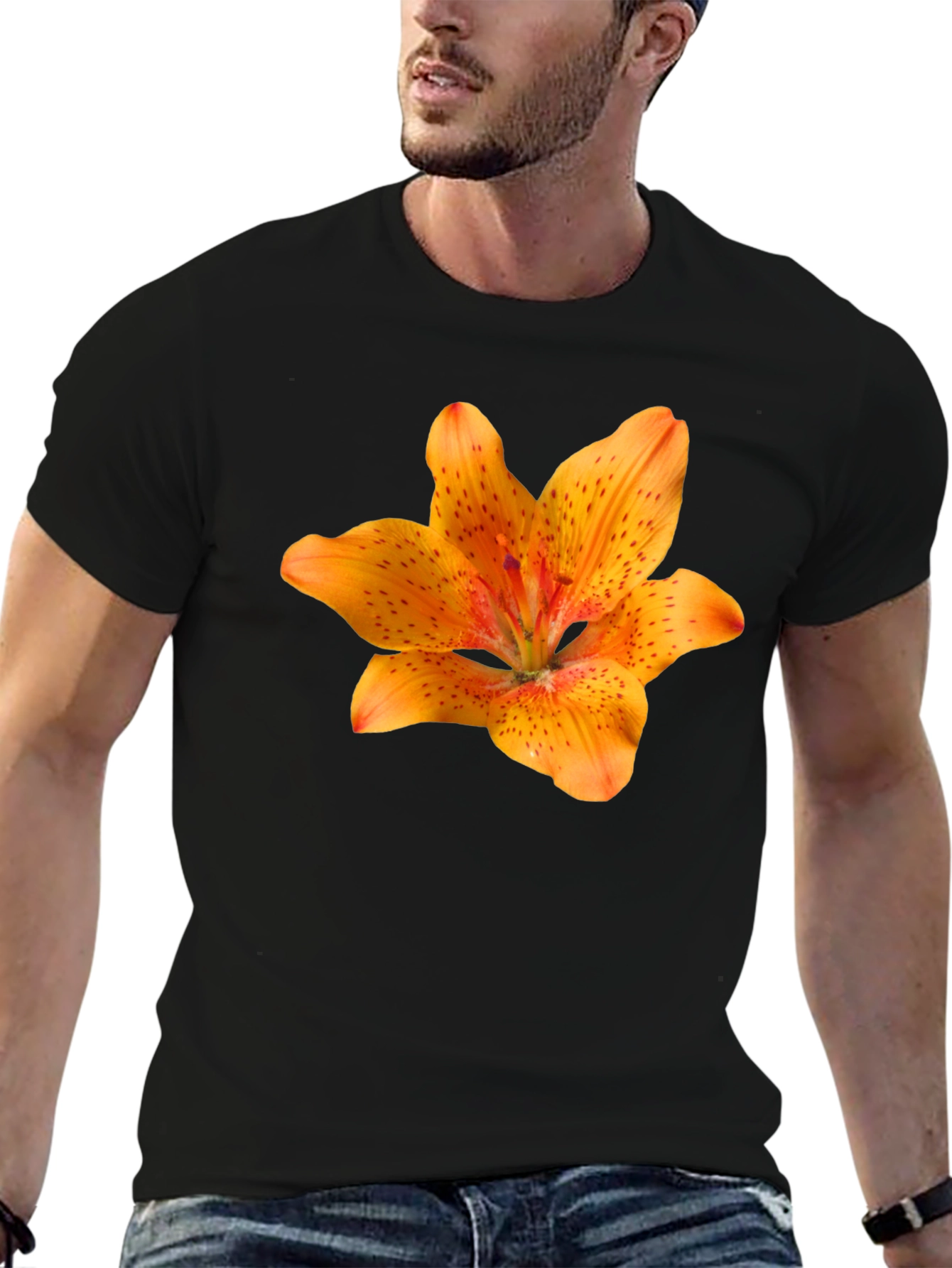 Black Floral Lily Print Black T-Shirt view 6