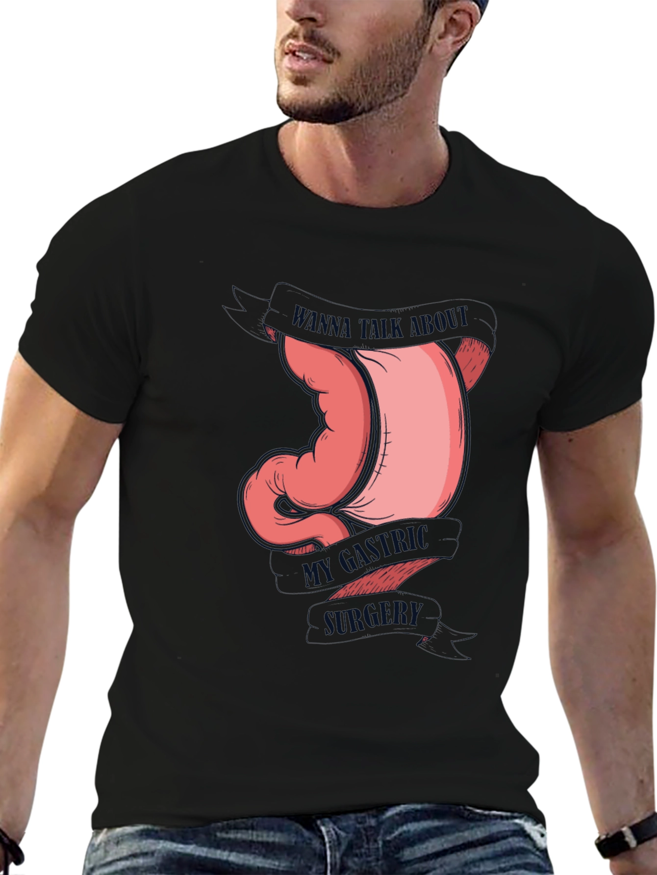 Black Gastric Humor Tee - Wanna Talk About My Gastric Surgery T-Shirt view 6