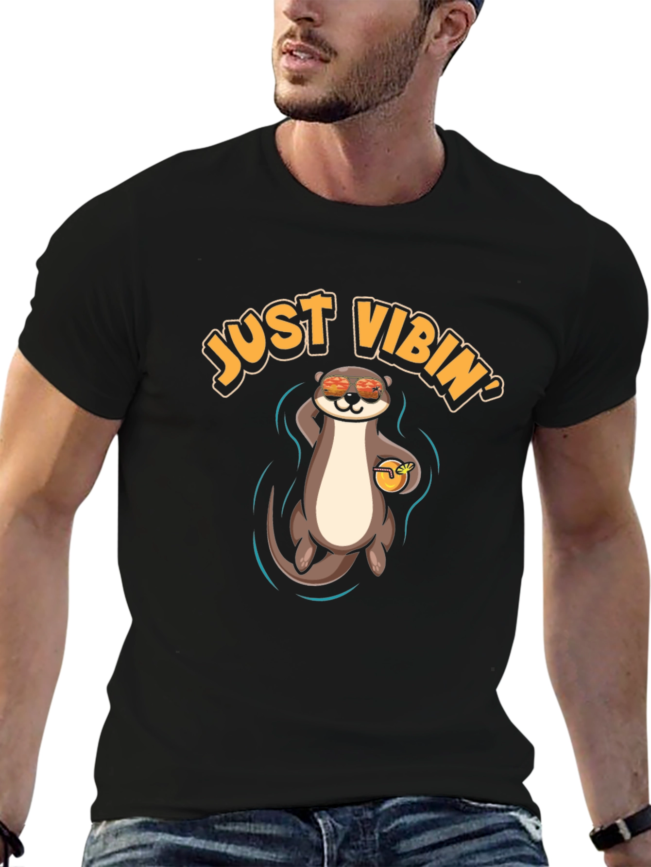 Black Just Vibin' Otter T-Shirt - Cool Summer Vibes view 6