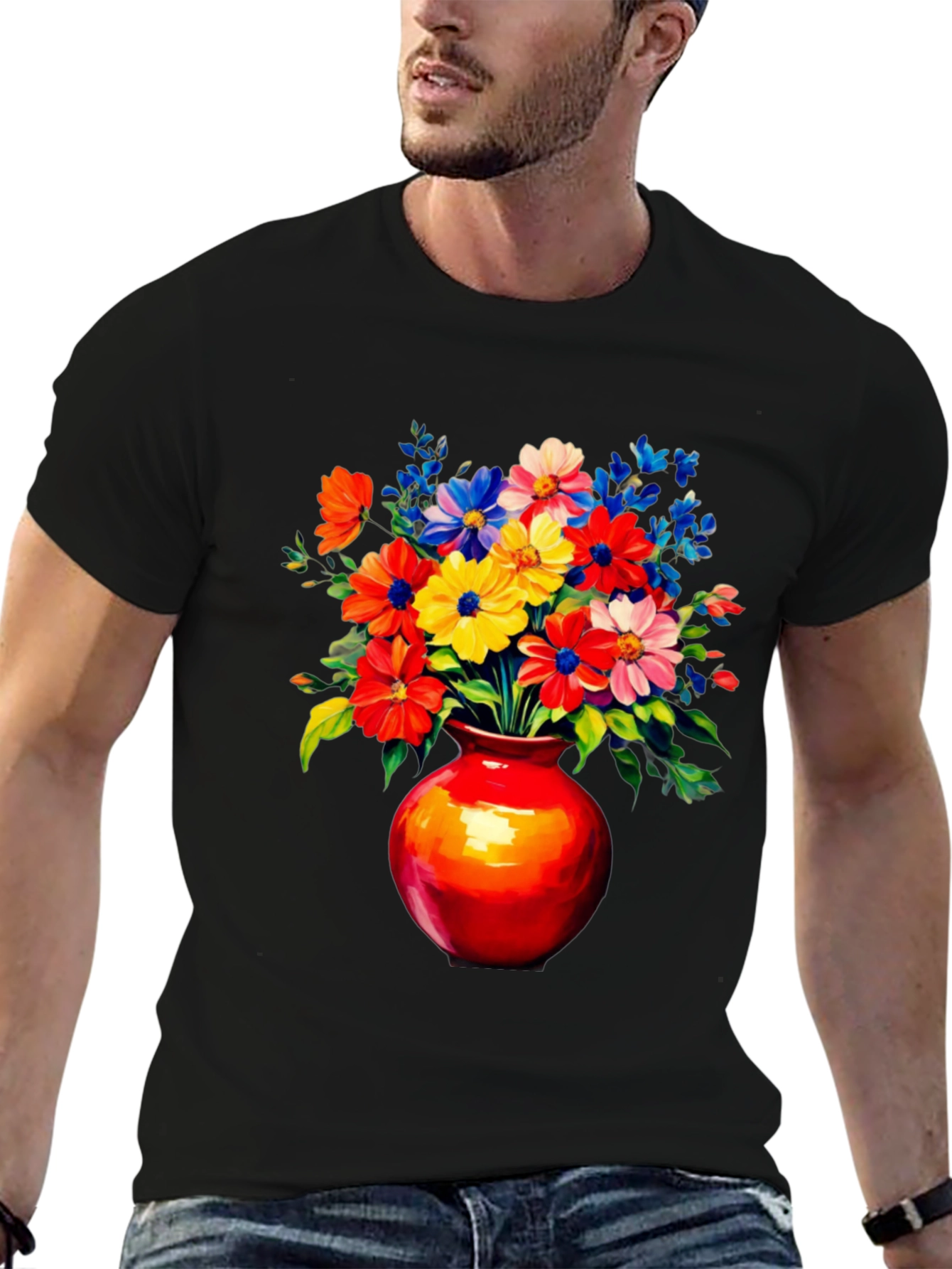 Black Floral Vase Graphic Tee - Vivid Black T-Shirt view 6