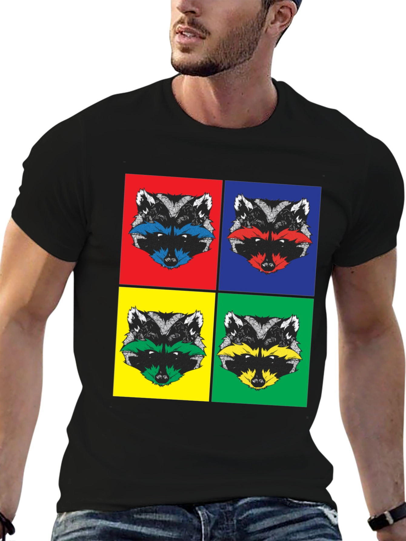 Black Pop Art Raccoon T-Shirt | Quirky Graphic Tee view 6