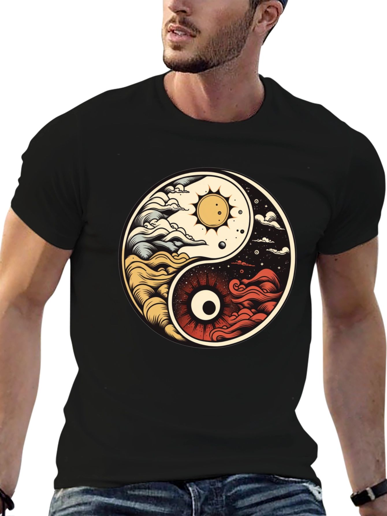 Black Yin Yang Celestial Balance T-Shirt view 6
