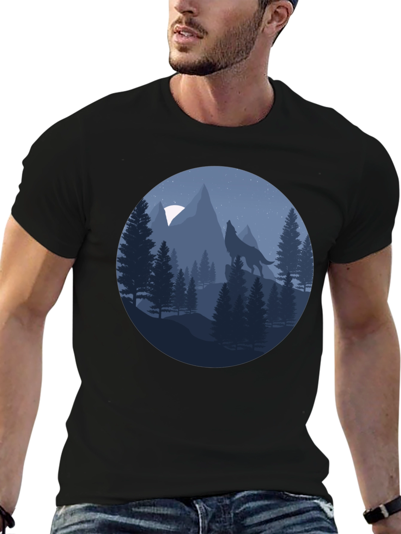 Black Wolf Howling at Moon T-Shirt - Nature Graphic Tee view 6