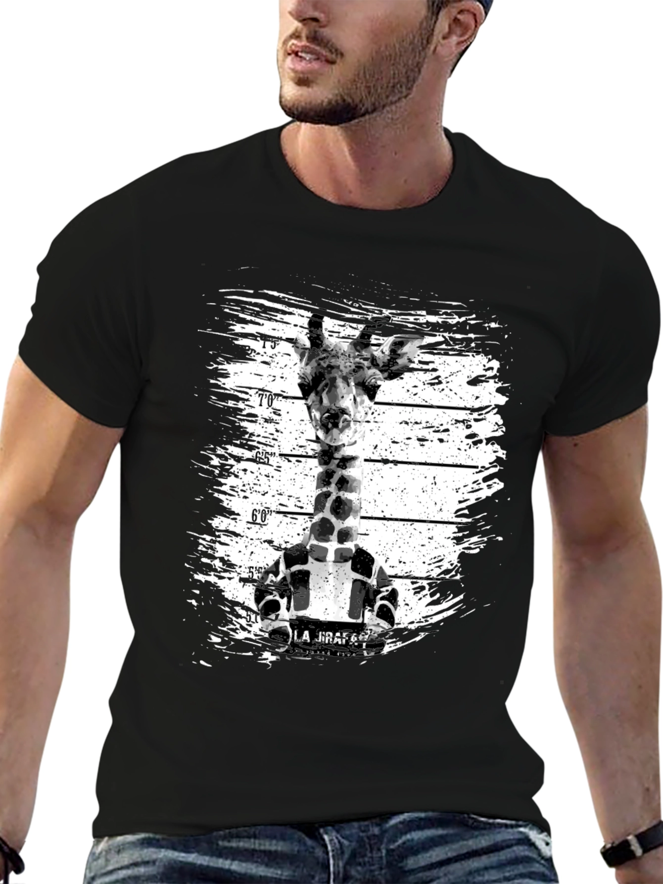 Black Funny Giraffe Mugshot Graphic Tee - Black view 6