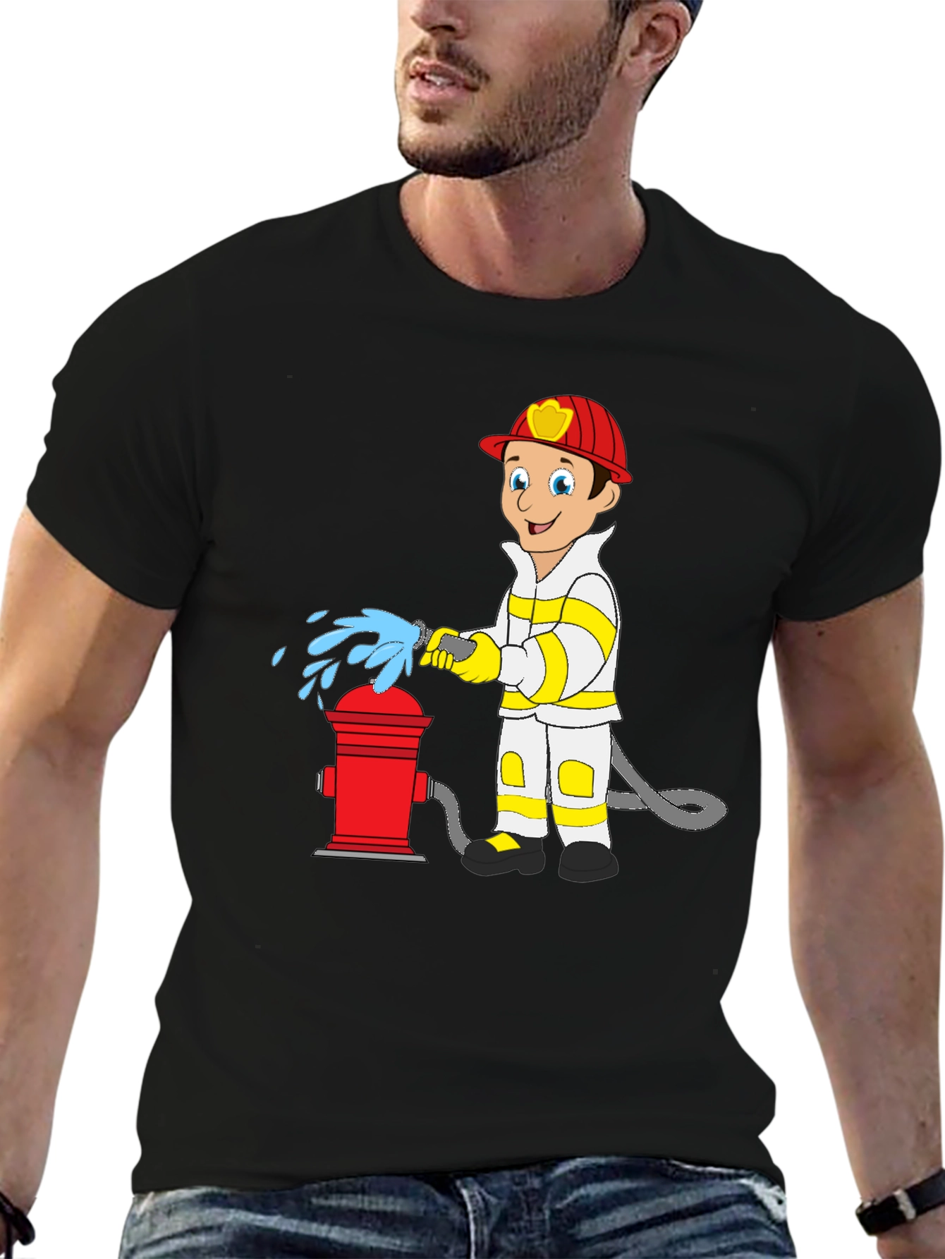 Black Cartoon Fireman T-Shirt - Fire Hydrant Fun! view 6