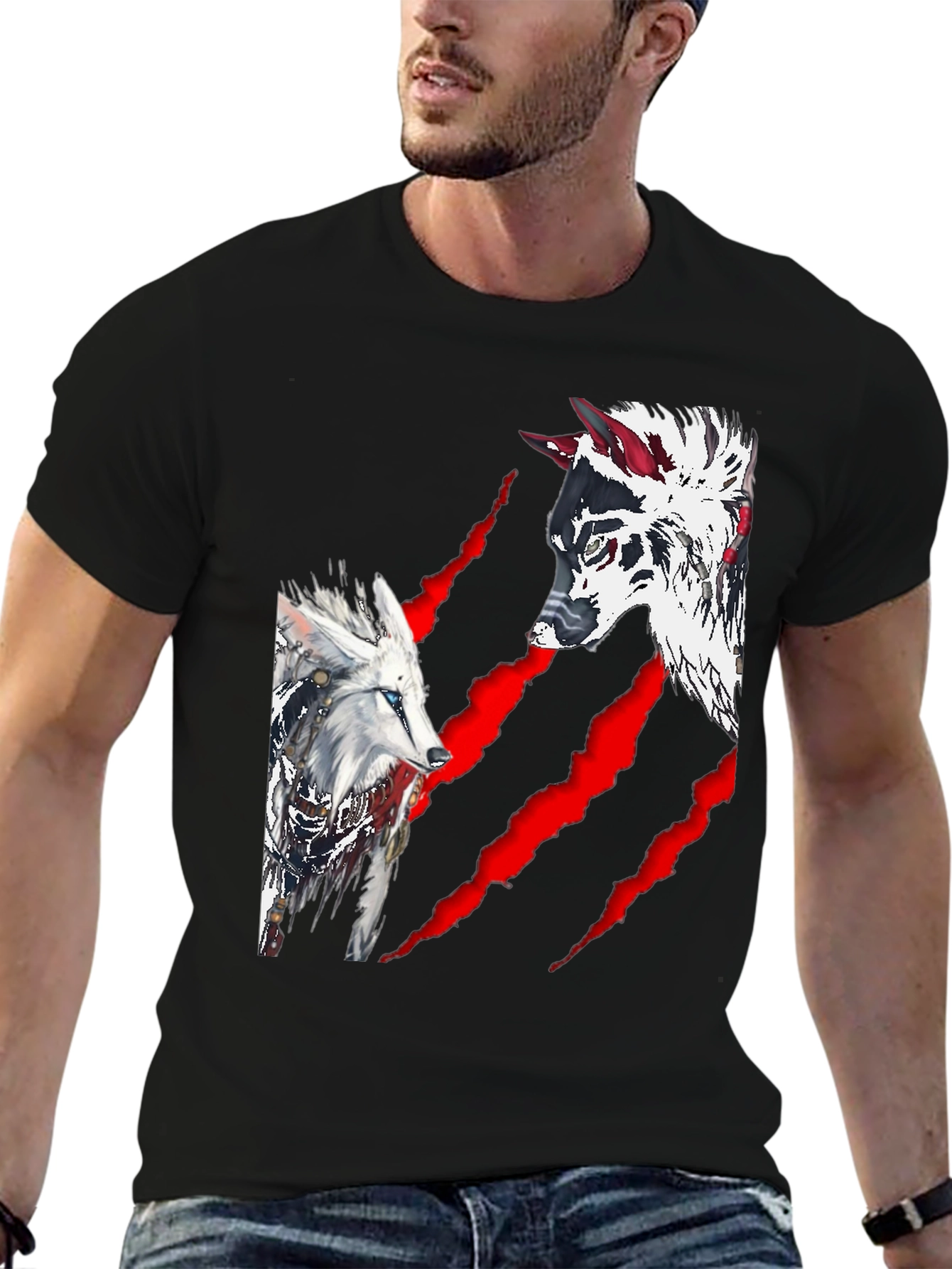 Black Wolf Graphic Print Crew Neck T-Shirt view 6