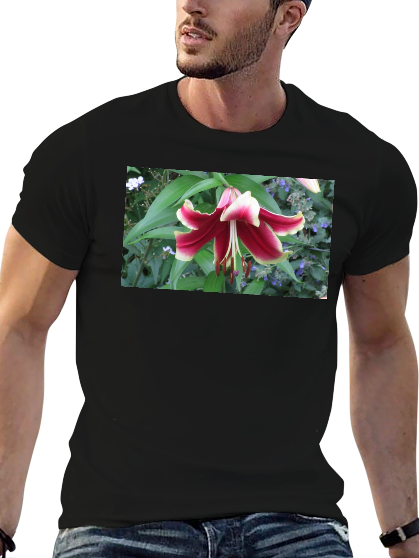 Black Floral Lily T-Shirt - Botanical Graphic Tee view 6