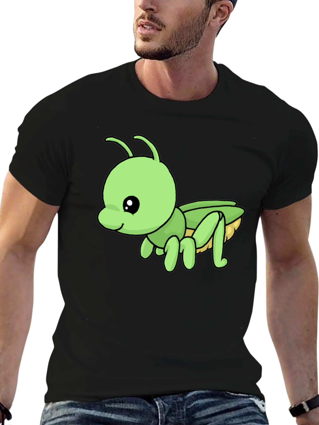 Black Cute Green Cartoon Insect Black T-Shirt view 6