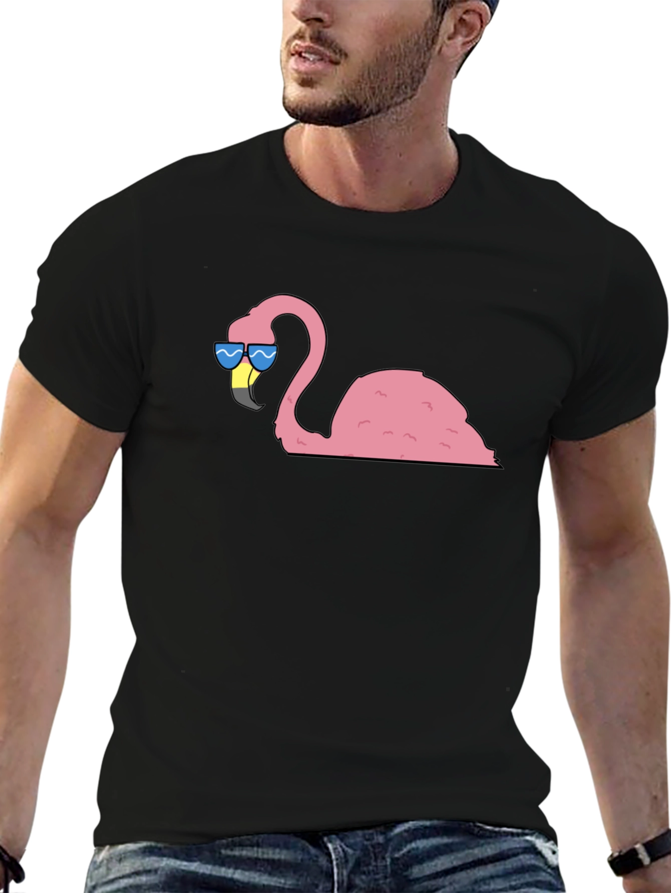 Black Cool Flamingo Graphic Tee - Black Cotton T-Shirt view 6