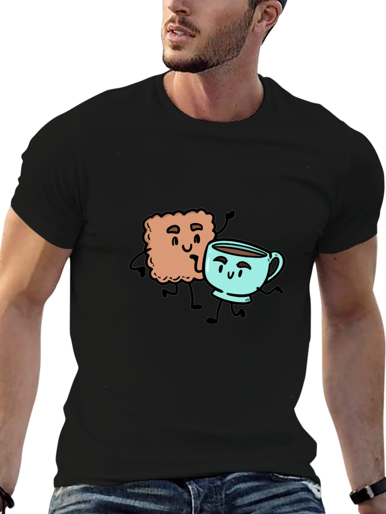 Black Coffee & Biscuit Cartoon Graphic Black T-Shirt view 6