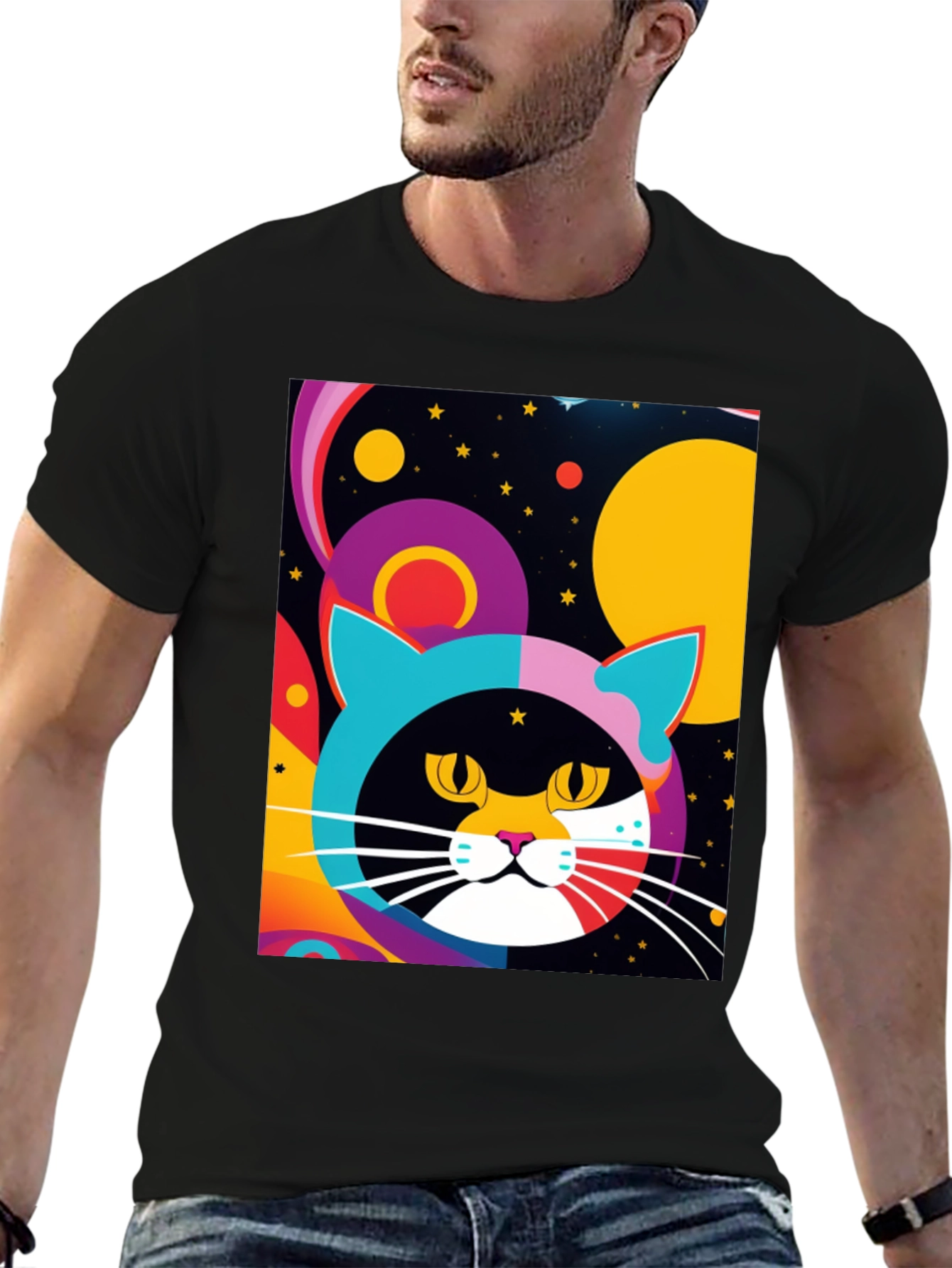 Black Psychedelic Cat T-Shirt - Colorful Retro Design view 6