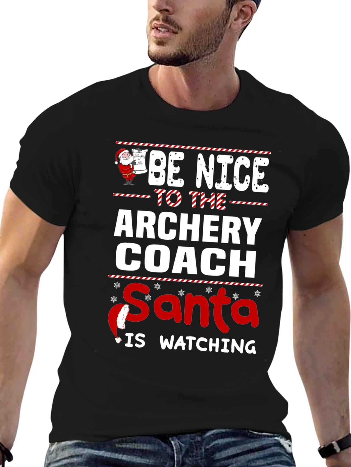 Black Archery Coach Santa T-Shirt - Be Nice Holiday Tee view 6