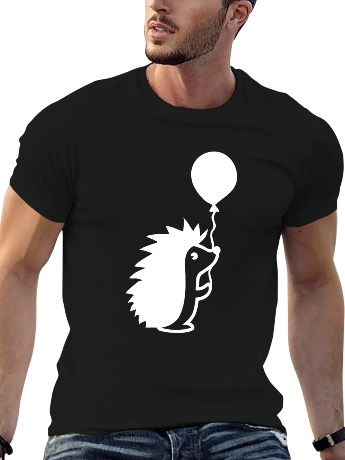 Black Hedgehog with Balloon Black T-Shirt view 6