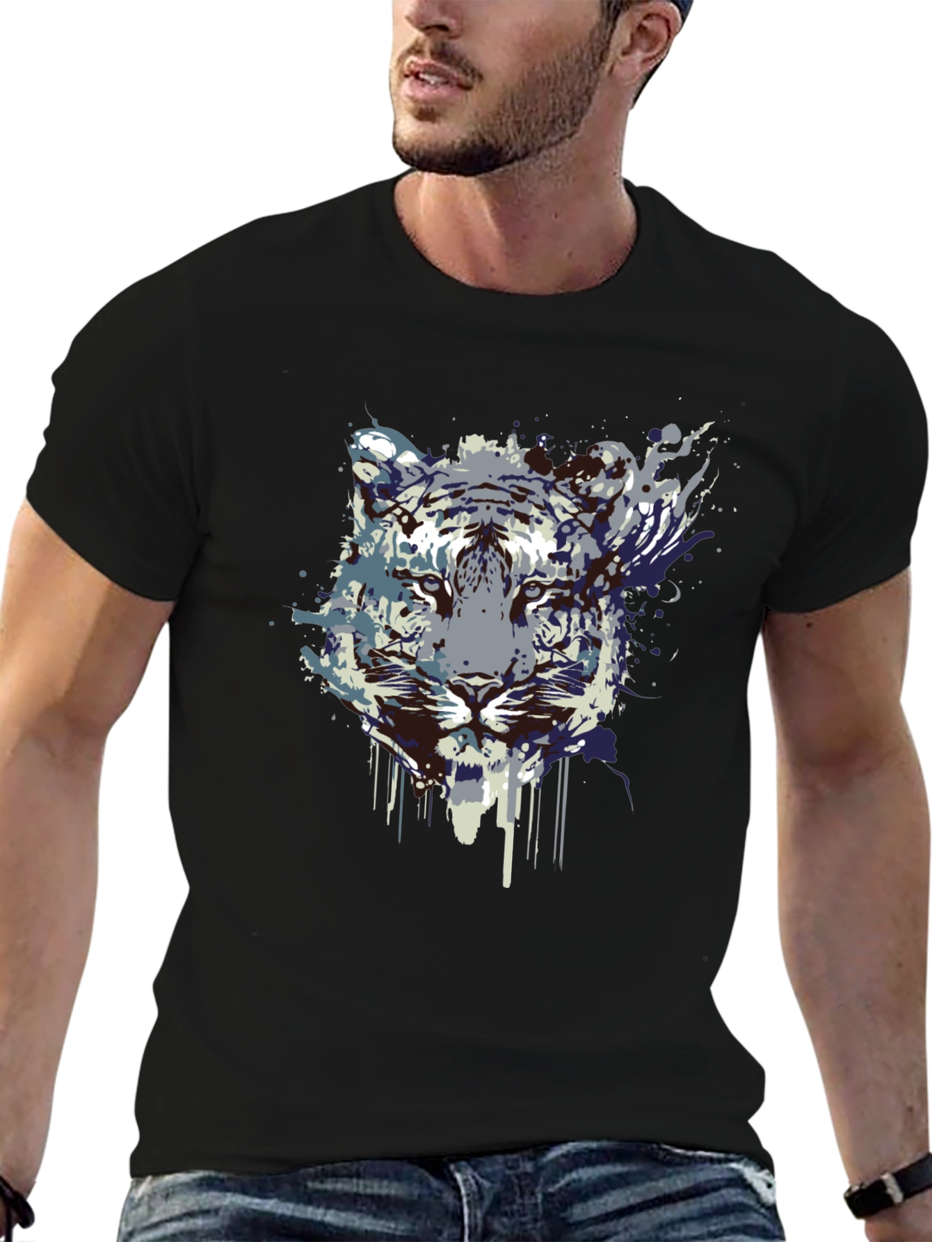 Black Abstract Tiger Graphic Tee - Black Cotton Blend view 6