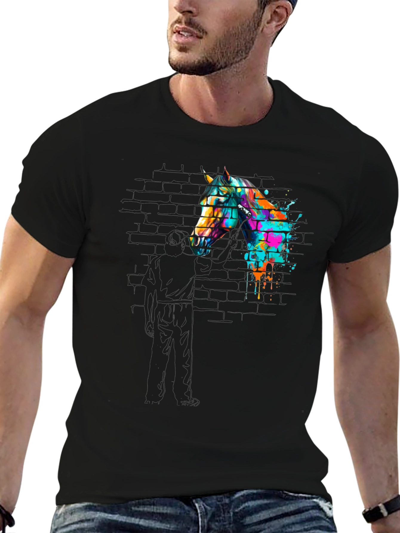 Black Abstract Horse Graphic Tee - Men's Black T-Shirt view 6