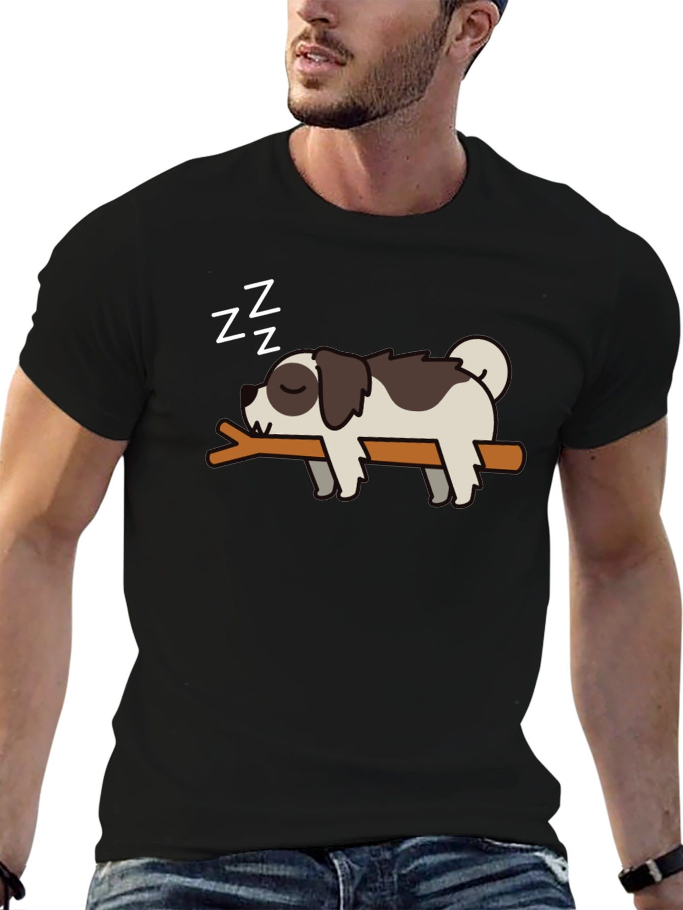 Black Cute Sleeping Dog T-Shirt - Men's Black Tee view 6
