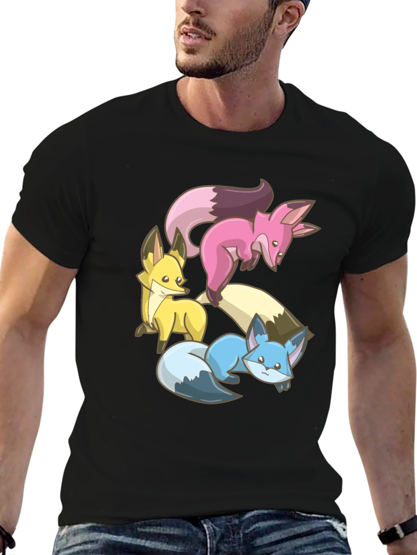 Black Cute Fox Trio Graphic Tee - Soft Cotton Blend view 6