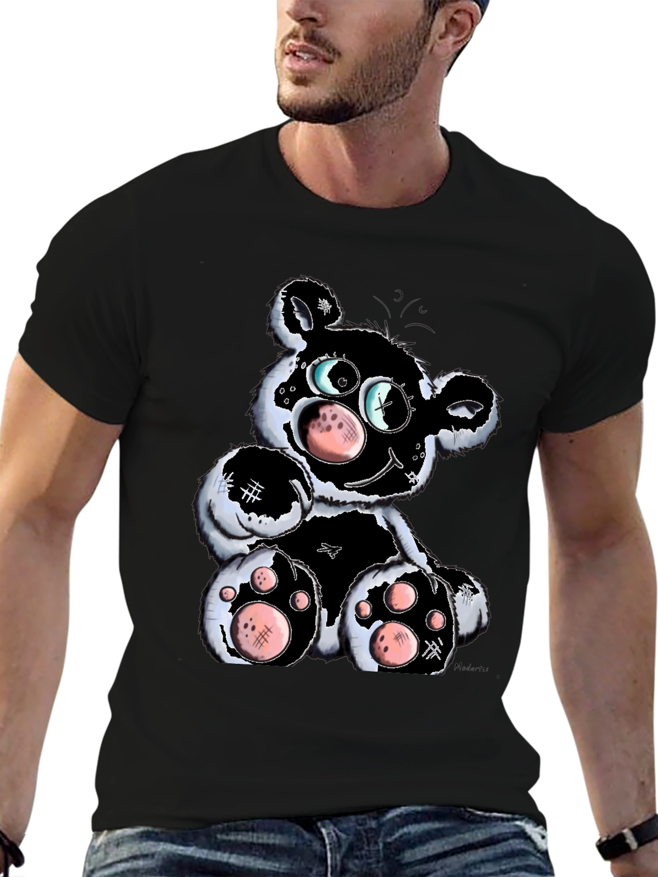 Black Cartoon Bear Graphic T-Shirt - Black view 6
