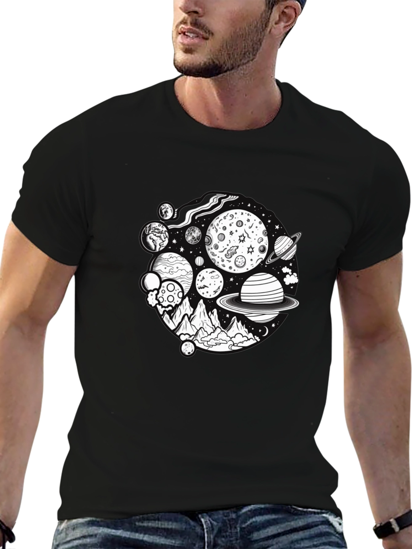 Black Cosmic Mountain Graphic Tee - Black Cotton Blend view 6