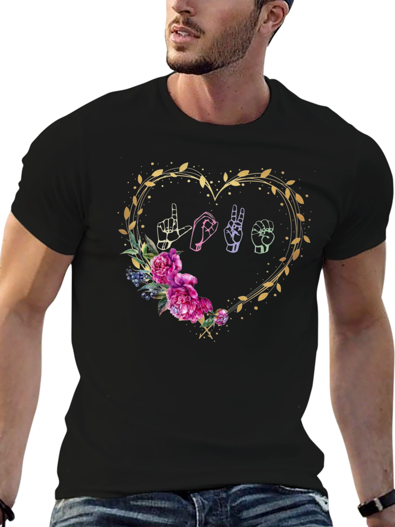 Black Love Sign Language Floral Heart T-Shirt view 6