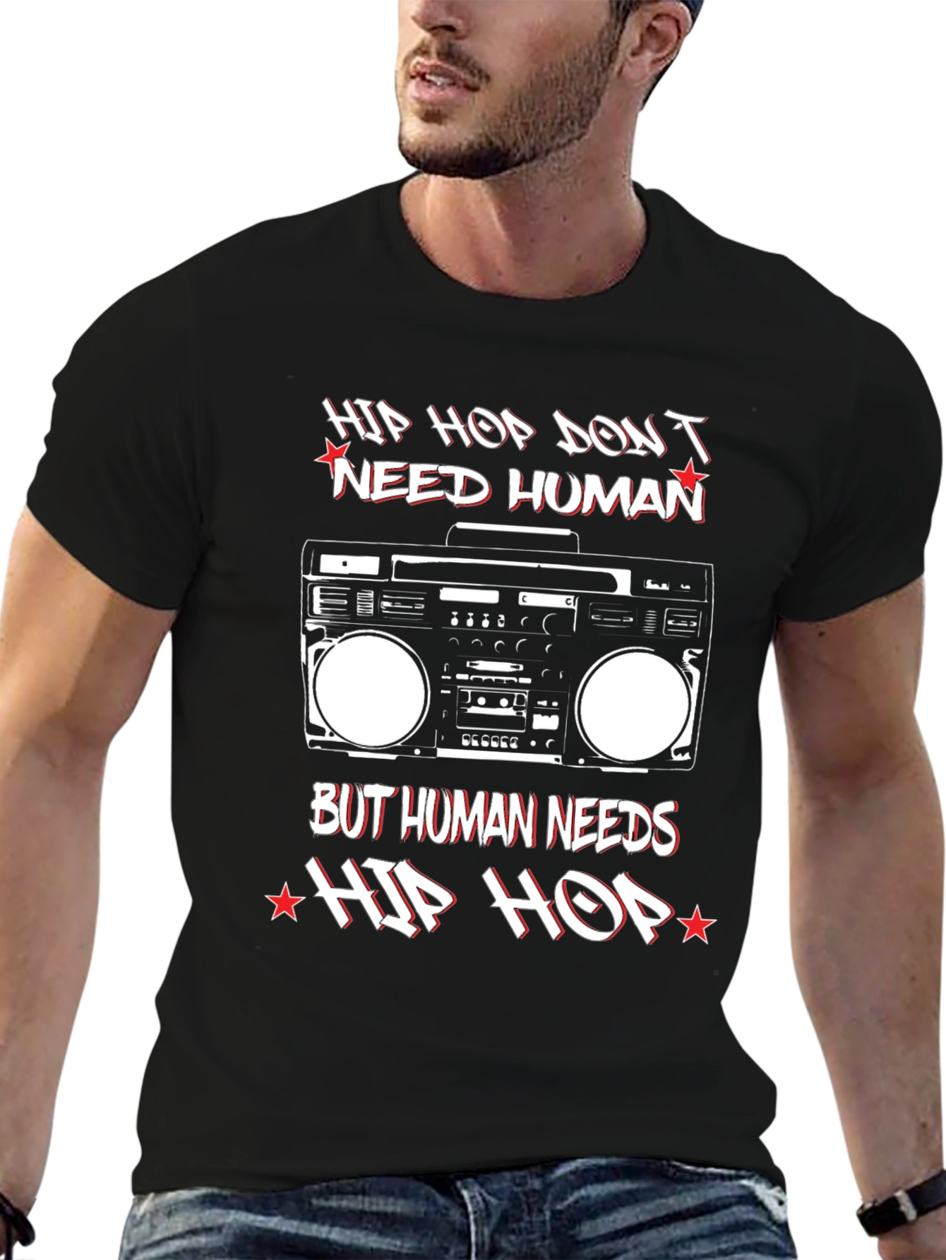 Black Hip Hop Music T-Shirt Retro Boombox Graphic Tee view 6