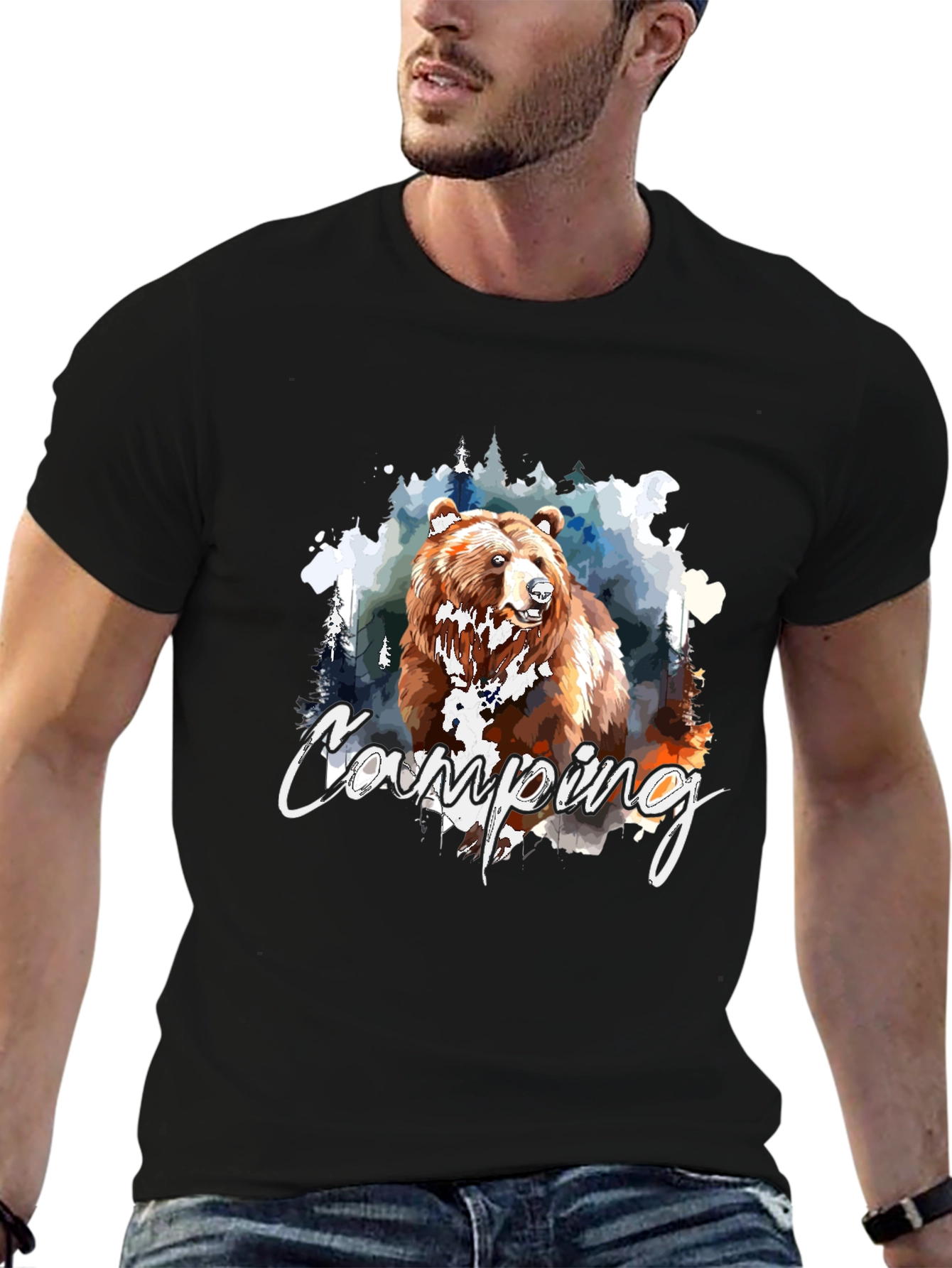 Black Camping Bear Graphic Black T-Shirt view 6