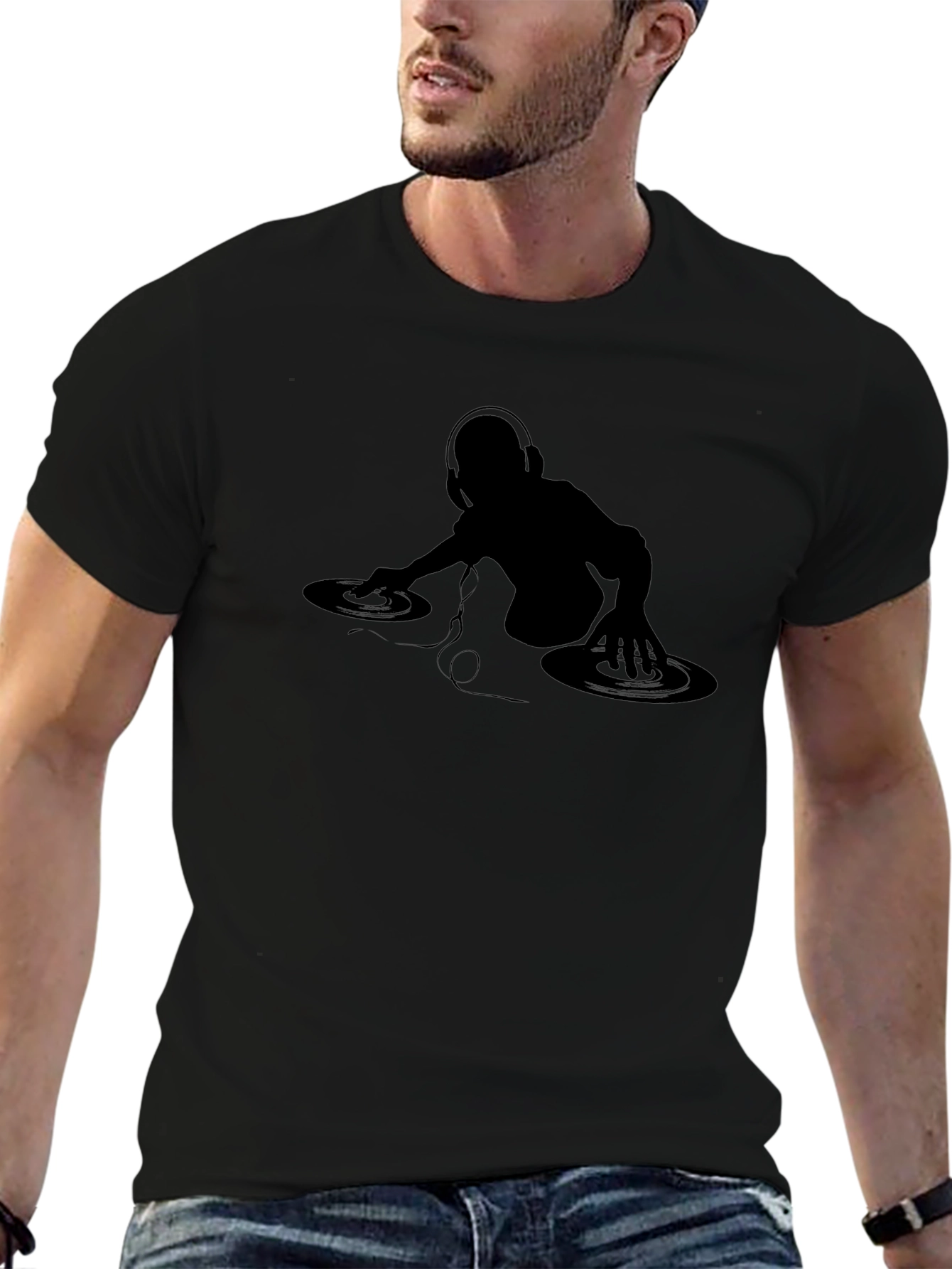 Black DJ Silhouette Graphic Tee - Black Cotton T-Shirt view 6