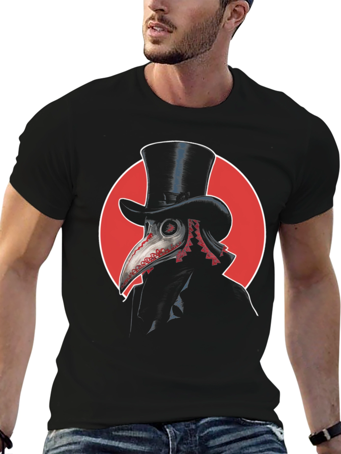 Black Plague Doctor Graphic Tee - Top Hat & Red Circle Design view 6