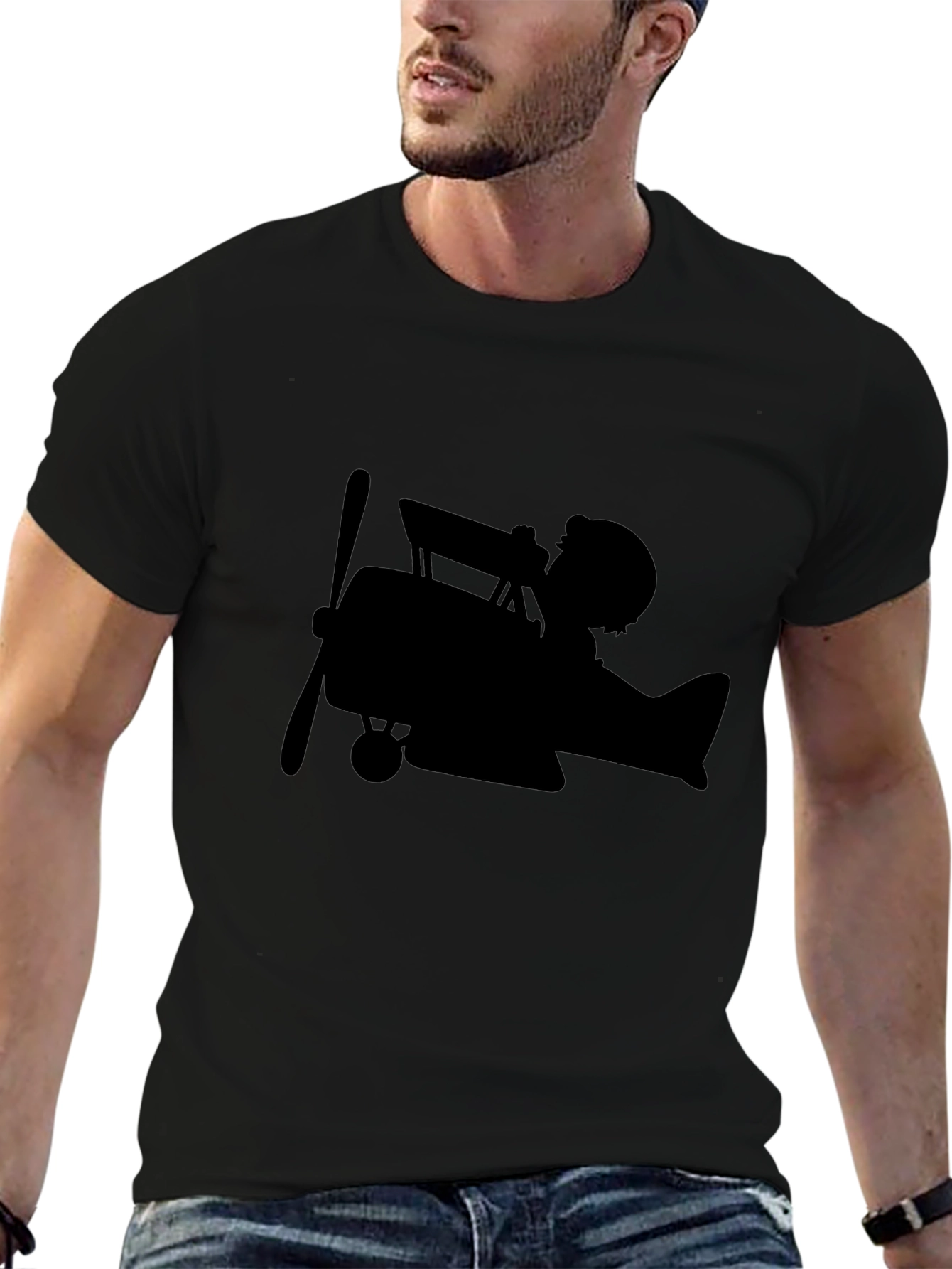 Black Vintage Pilot Plane T-Shirt - Classic Aviation Style view 6