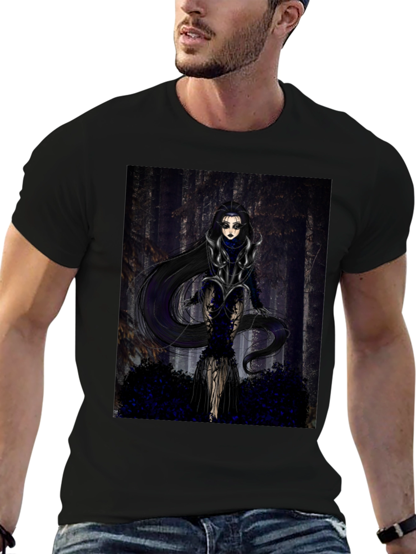 Black Gothic Forest Woman Graphic Print T-Shirt view 6