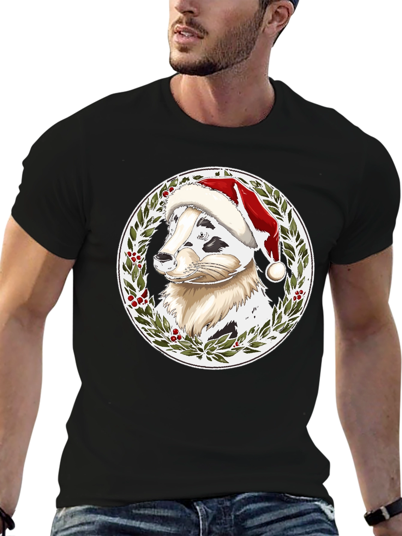 Black Festive Dog Santa Hat T-Shirt view 6