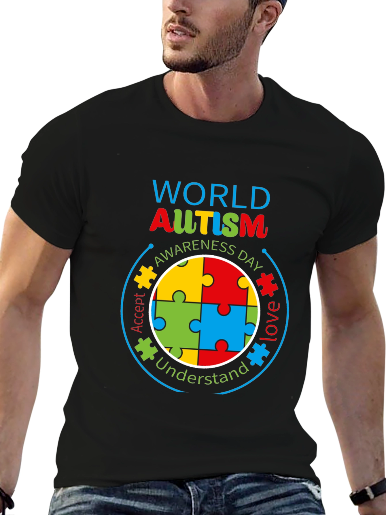 Black World Autism Awareness Day T-Shirt view 6