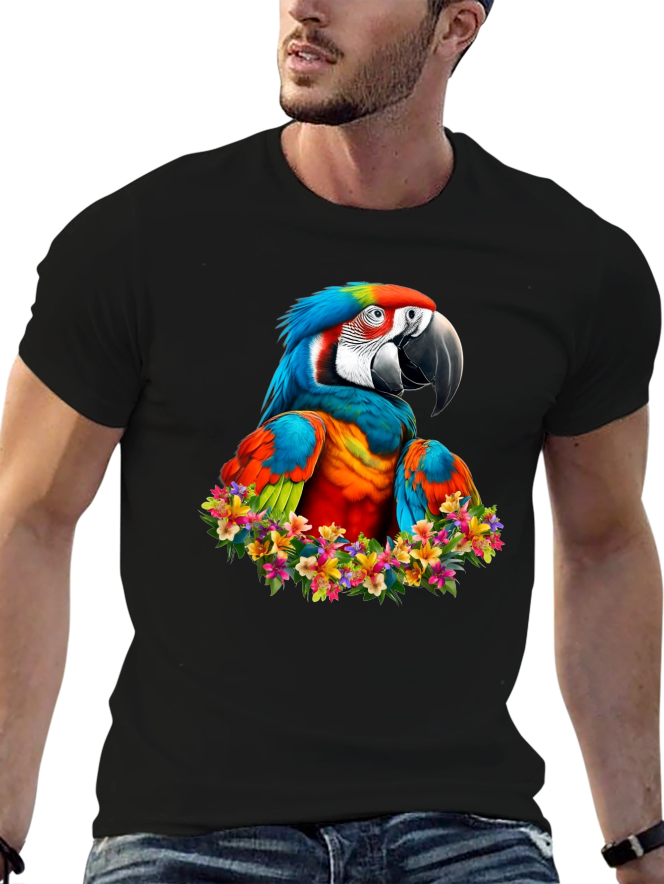 Black Macaw Parrot Floral Wreath Graphic T-Shirt view 6