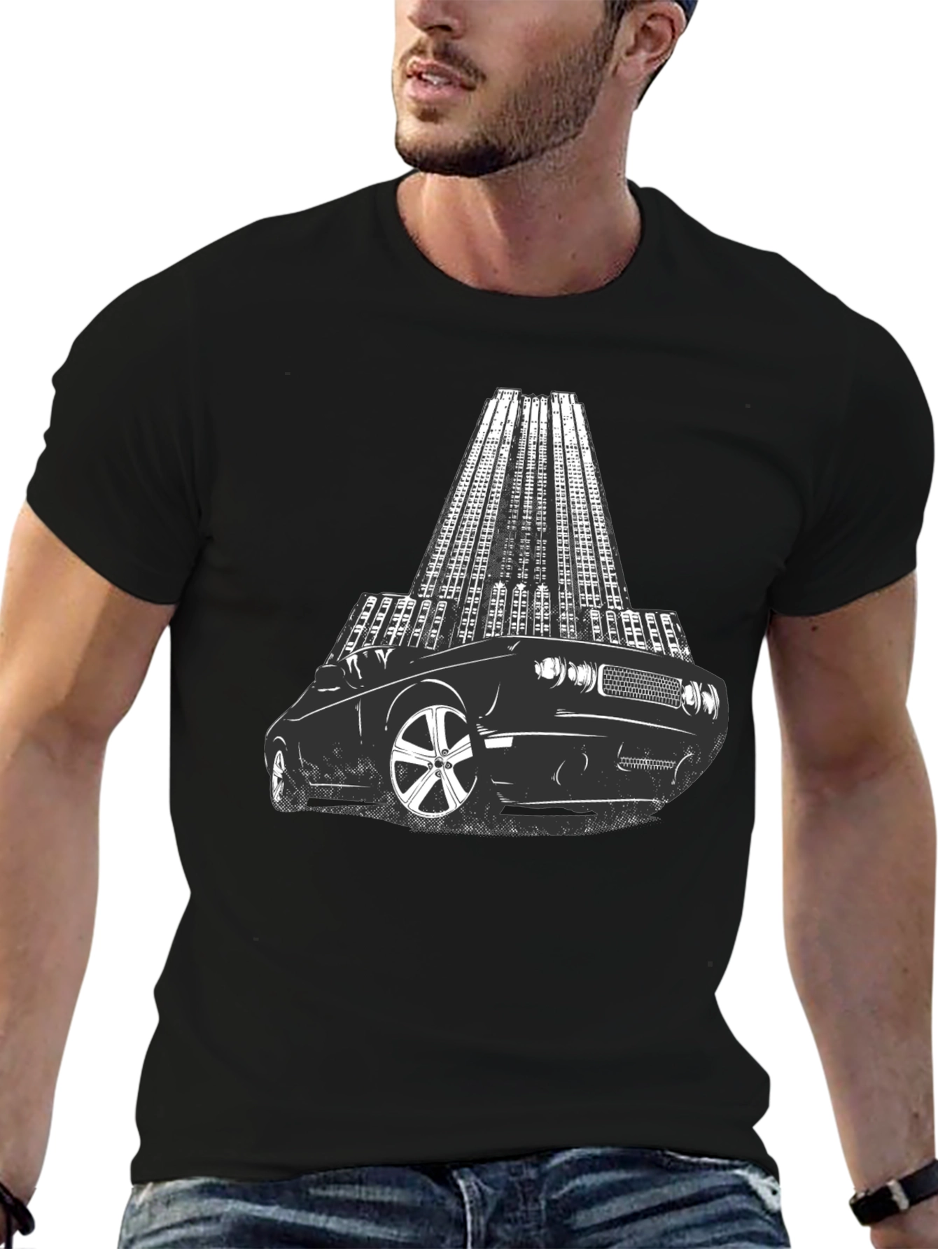 Black Retro Car & Cityscape Graphic Tee - Cool Black T-Shirt view 6