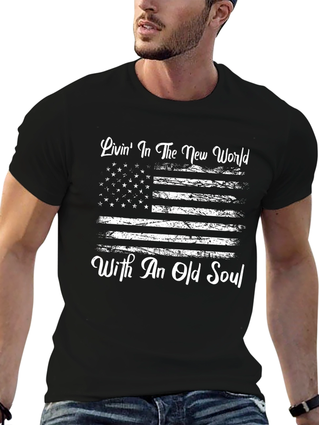 Black Old Soul American Flag T-Shirt view 6