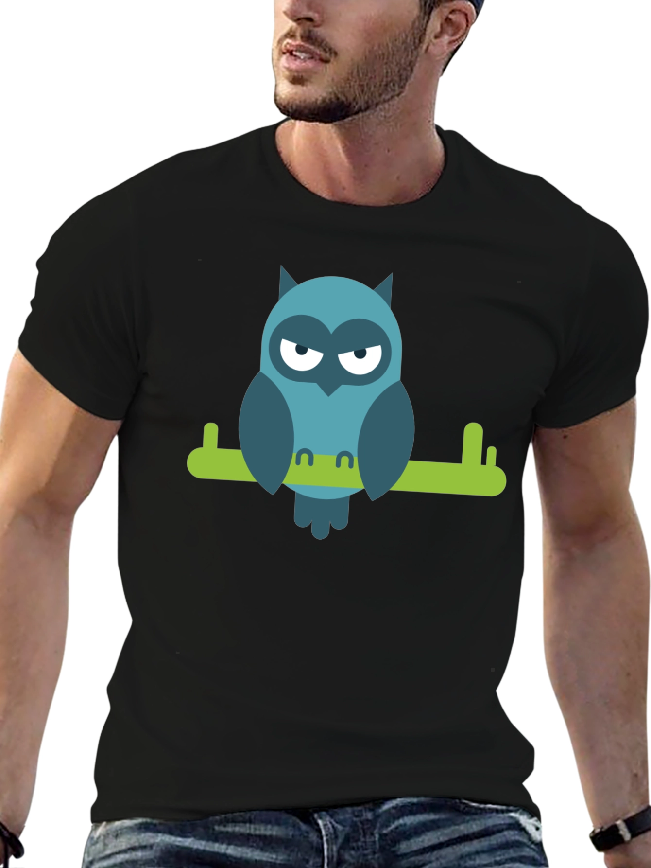 Black Cool Owl on Branch Graphic Tee - Black view 6
